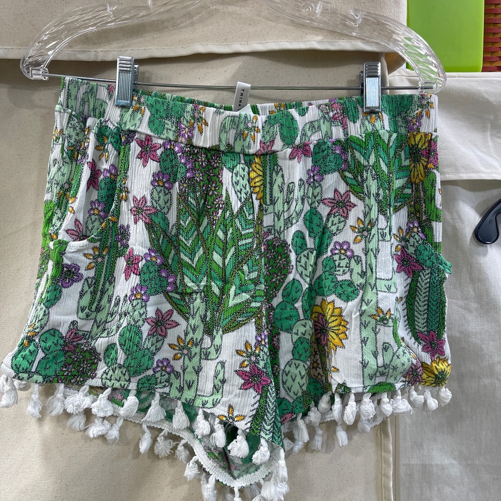 Trina Turk High Waist Green and White Tropical Shorts